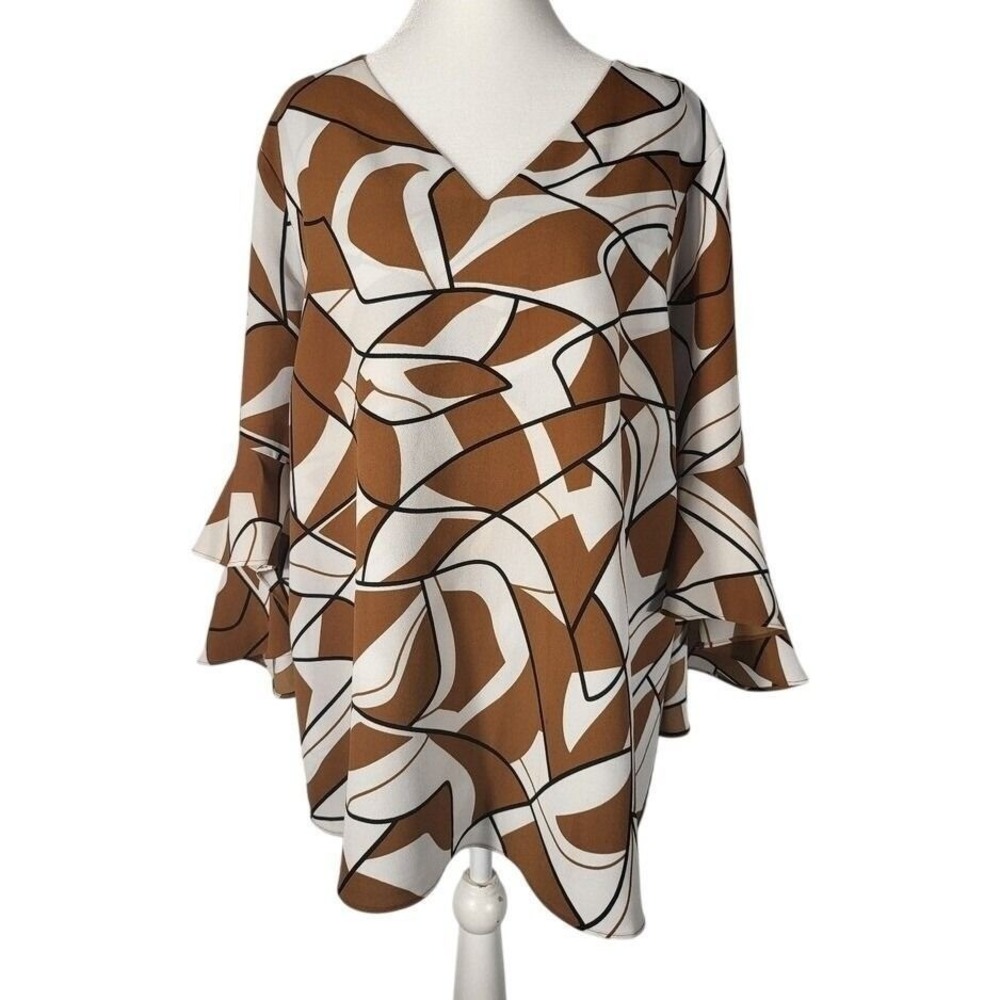 Alfani Women's  Brown and White Blouse Geometric Pattern 3/4 Sleeves   Size 16